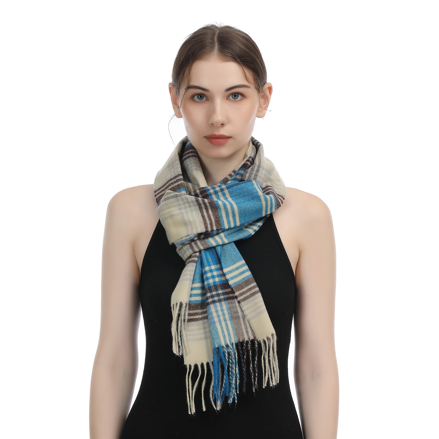 Cashmere Feel Scarf SW-72: Turquoise/Brown