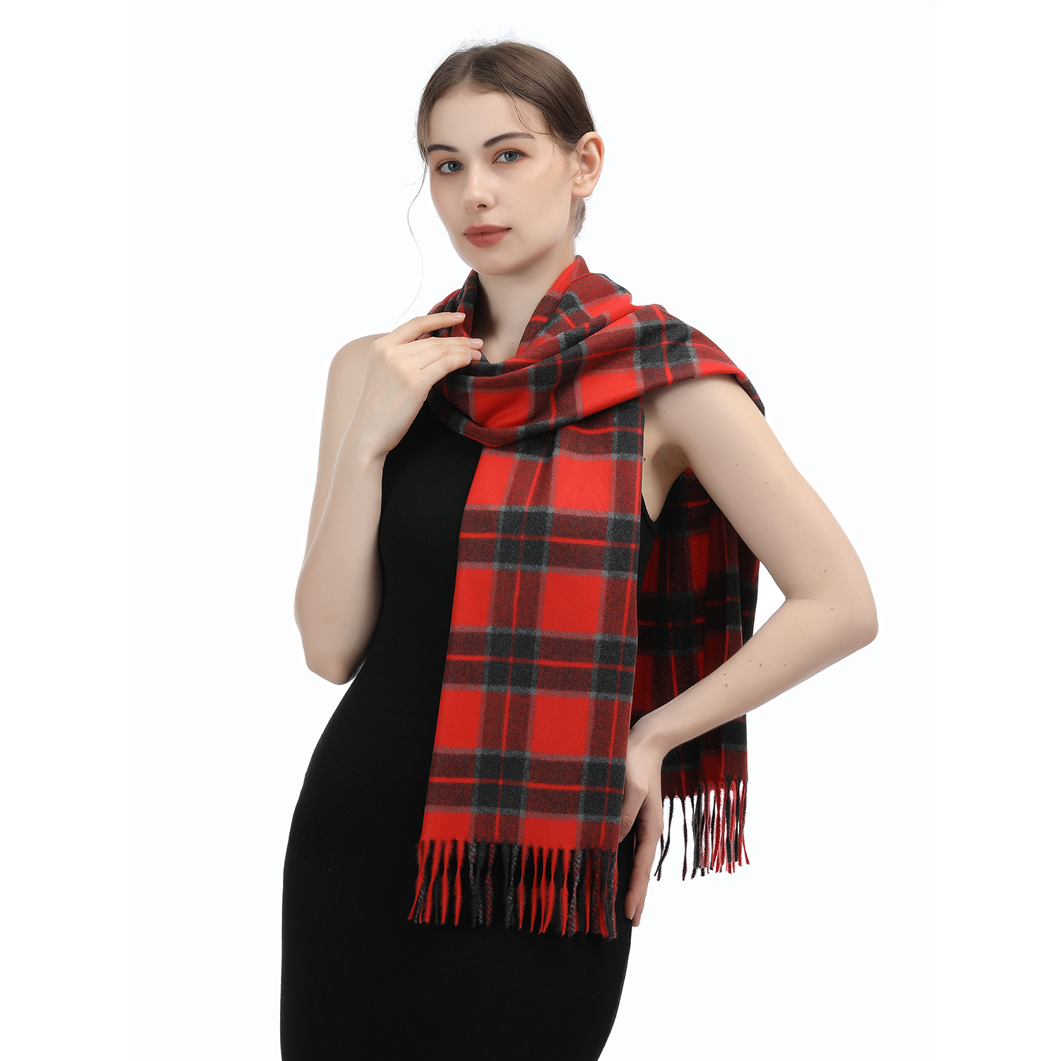 Cashmere Feel Plaid Scarf SW-73:Red/Grey