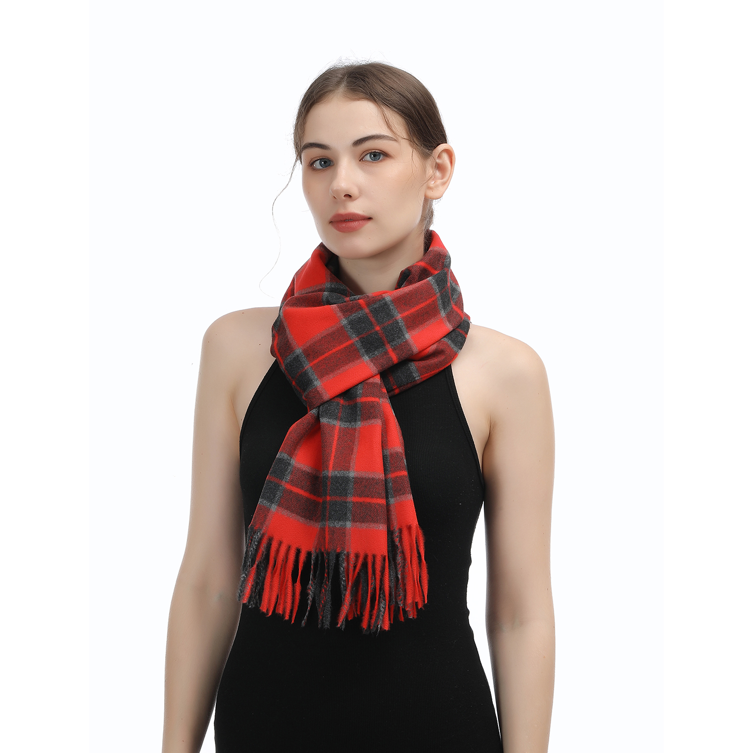 Cashmere Feel Plaid Scarf SW-73:Red/Grey