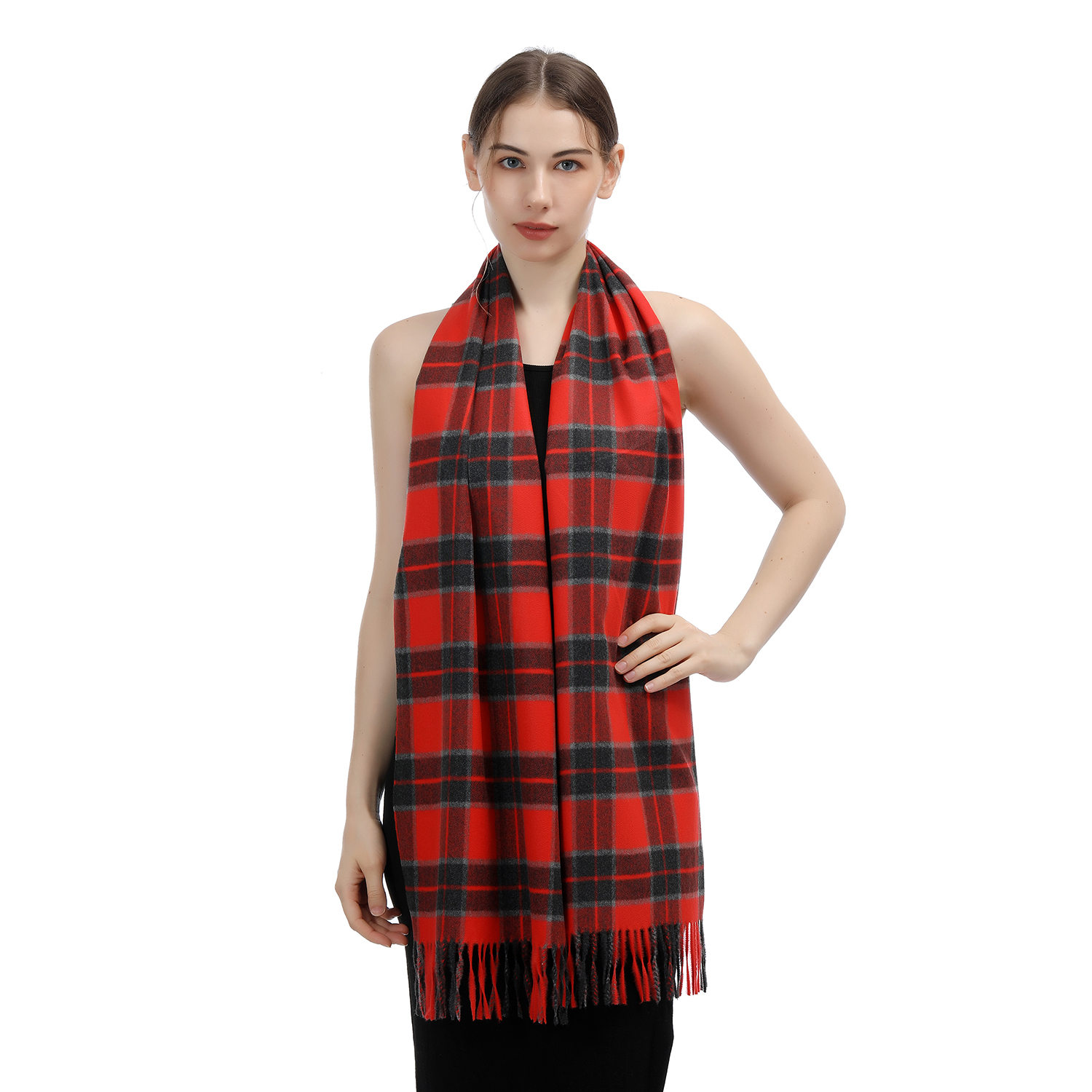 Cashmere Feel Plaid Scarf SW-73:Red/Grey