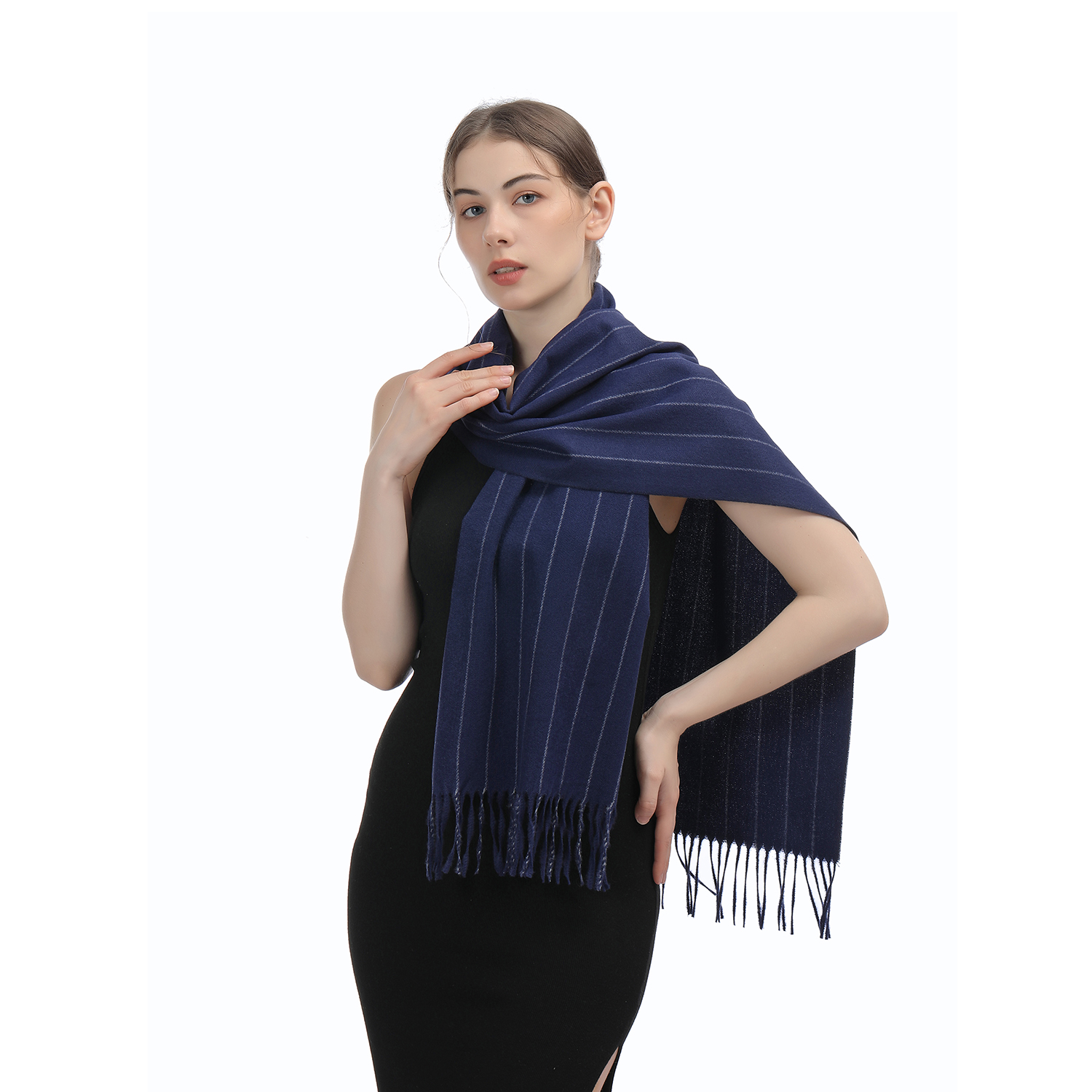 Cashmere Feel Scarf SW-75:Navy with Stripe