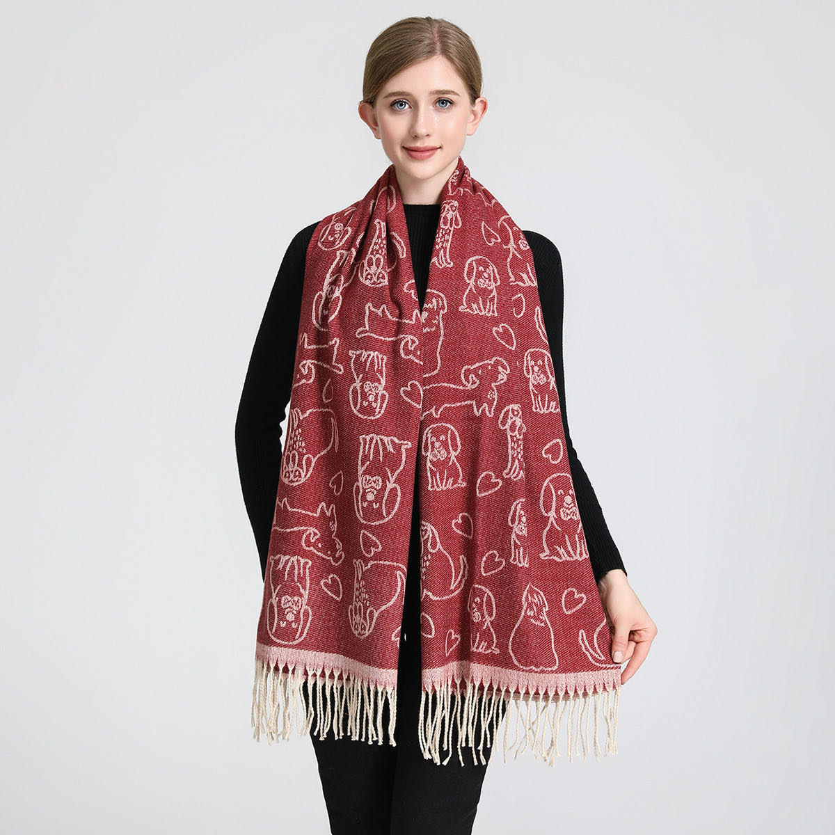 Reversible Puppy Print Cashmere Feel Shawl SF23153-6 Burgundy