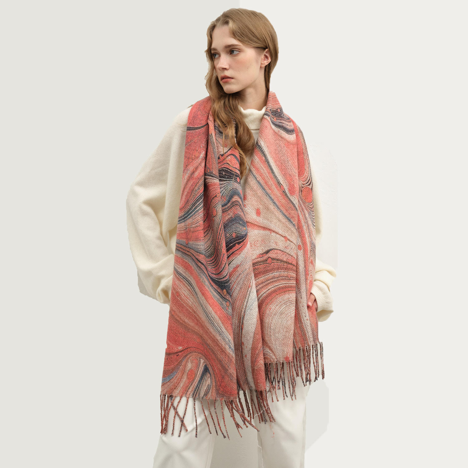 Cashmere Feel Wavy Line Pattern Shawl SF24121 Salmon